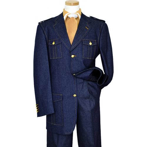 Il Canto Blue Denim Iridescent Suit With Cognac Hand-Pick Stitching And Shoulder Epaulettes 100% Cotton 8372